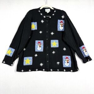 Vintage Christmas Sweater 1X Snowman Cardigan Patchwork Quacker Factory 90s Plus